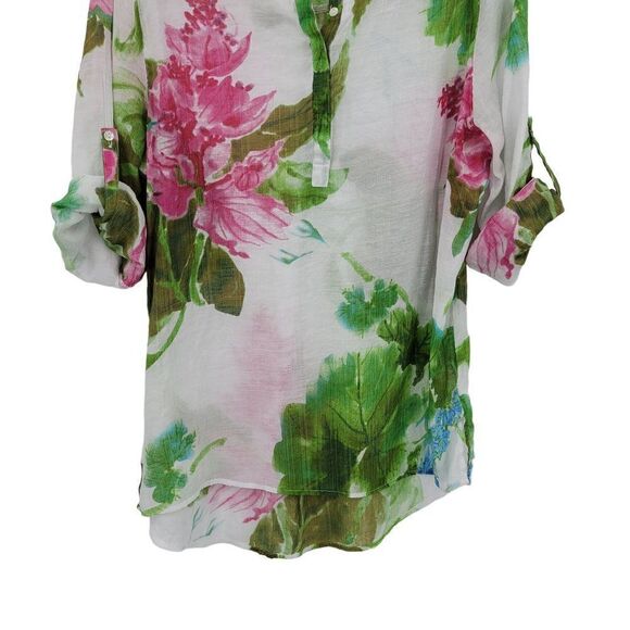 Vintage Tropical Gauze Beach Coverup Top Blouse XL White Floral Tab Sleeve Aloha - Picture 7 of 13